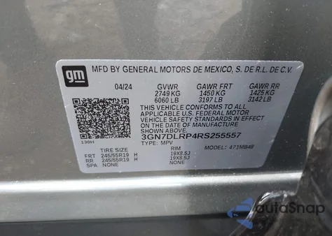 2024 Chevrolet Equinox Ev Lt из США, поврежденный, VIN 3GN7DLRP4RS255557